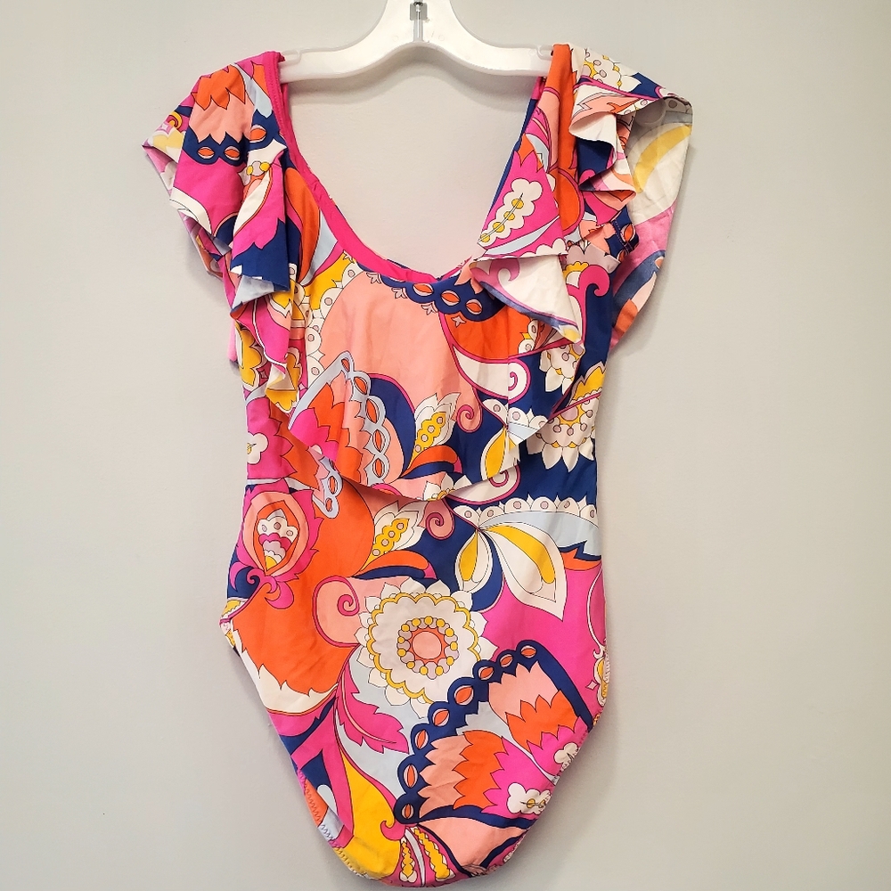 Trina Turk Sevilla Cap Sleeve Off Shoulder Ruffle One Piece Swimsuit - Picture 6 of 9